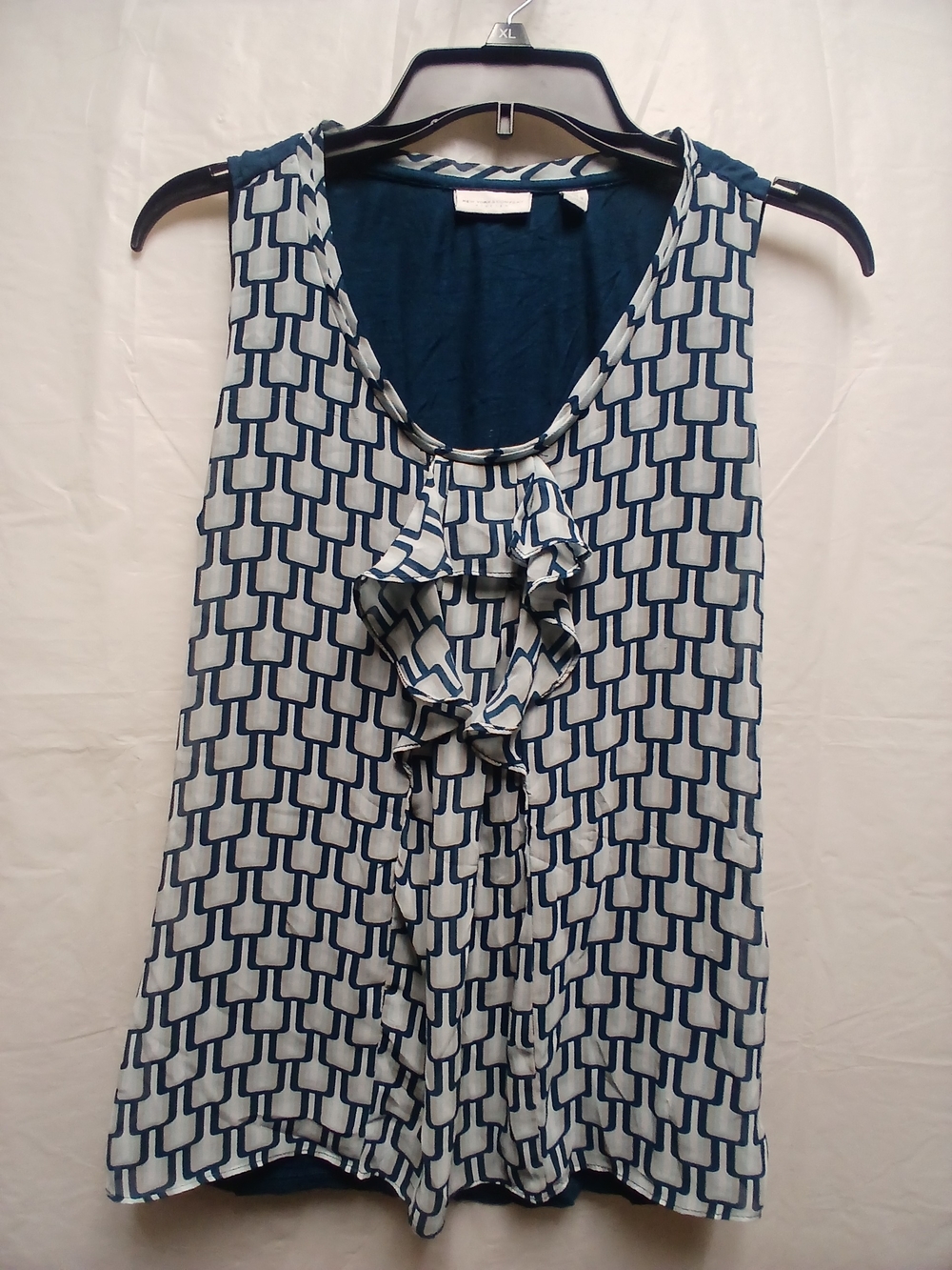 New York & Company Navy and White Ruffle Geometric Sleeveless Tank Top